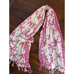 Women's Pink White Starfish Fringe Pareo From Peru Lightweight Beach Coverup NWT